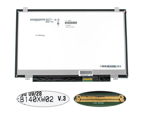 Матриця 14.0 B140XW02 V.3 (1366*768, 40pin, LED, SLIM (вертикальні вушки), глянцева, роз'єм праворуч знизу) для ноутбука