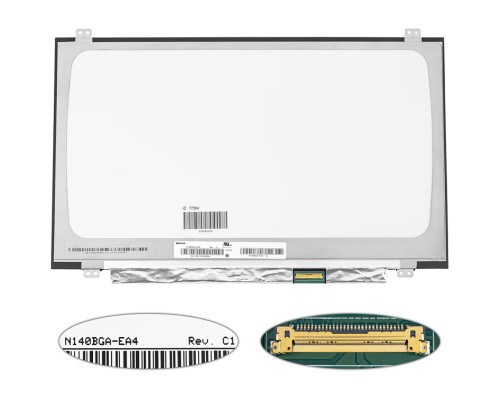 Матриця 14.0 N140BGA-EA4 Rev. C1 (1366*768, 30pin(eDP), LED, SLIM (вертикальні вушки), матова, роз'єм праворуч знизу) для ноутбука NBB-77584