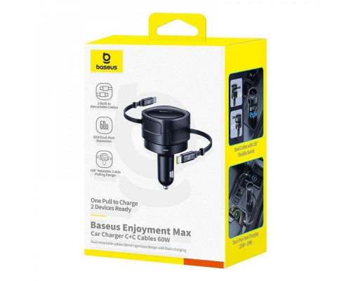 АЗП Baseus Enjoyment Max 60W (Retractable 2xType-C Cables) black 2003000288872 6932172682576