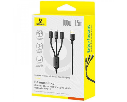 Кабель Baseus Silky One-for-Three Fast Charging USB to Micro USB+Lightning+Type-C 100W 1.5m black 2003000230970 6932172684679