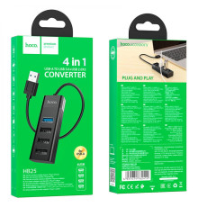 Хаб USB Hoco HB25 Easy mix 4-in-1 converter(USB to USB3.0+USB2.0*3) Колір Чорний