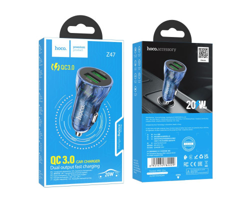 Автомобільний Зарядний Пристрій Hoco Z47 Transparent QC3.0 18W Колір Прозорий синій