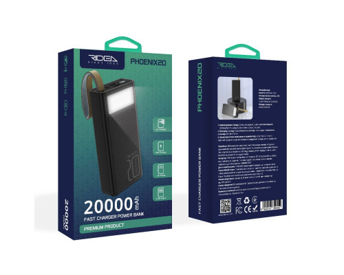 Універсальна Мобільна Батарея Power Bank Ridea RP-D20L Phoenix20 10W digital display + lamp 20000 mAh Колір Чорний 6902013350452