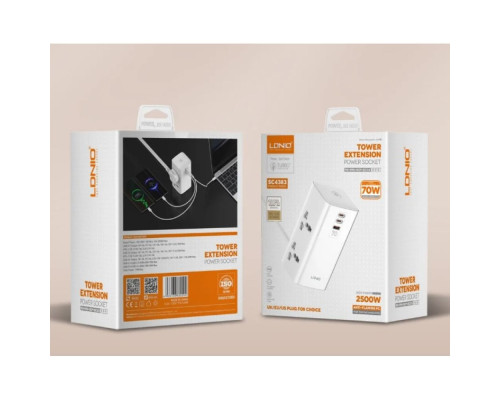 Мережевий Подовжувач LDNIO SC4383 2USB-C/1USB 70W Колір Білий 6933138602294 ma35671_3577462