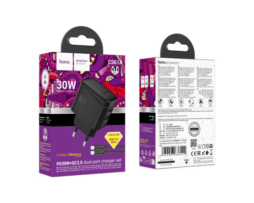 Мережевий Зарядний Пристрій Hoco CS61A 1USB/1USB-C PD/QC 30W+Type-C to Type-C Колір Чорний 6942007638449 ma35806_3605221