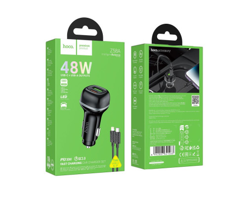 Автомобільний Зарядний Пристрій Hoco Z58A 1USB/1USB-C QC/PD48W+Type-C to Lightning Колір Чорний 6942007641463 ma36160_3606813