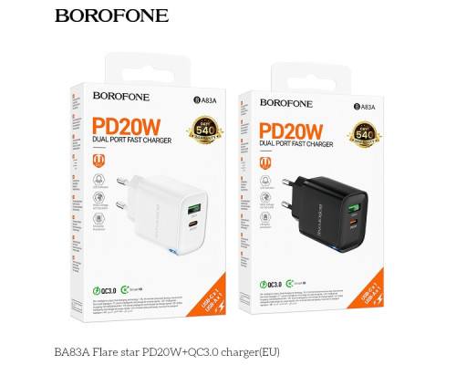 Мережевий Зарядний Пристрій Borofone BA83A 1USB-C/1USB PD/QC 20W Колір Чорний 6941991117336 ma36174_3606866