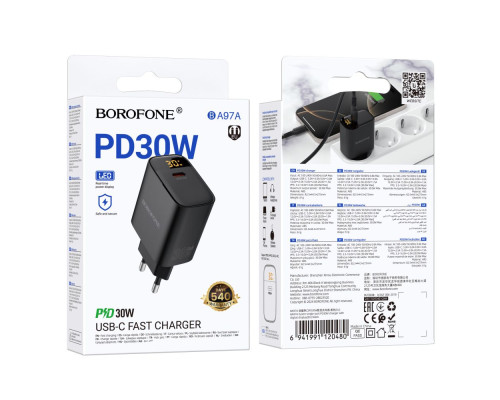 Мережевий Зарядний Пристрій Borofone BA97A 1USB-C PD/QC 30W Led Display Колір Чорний 6941991120480 ma37245_3611062