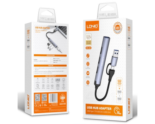 USB Hub LDNIO DS-64U USB-A+Type-C To USB3.0*1+USB2.0*3 Колір Сiрий 6933138602737 ma37445_3611732
