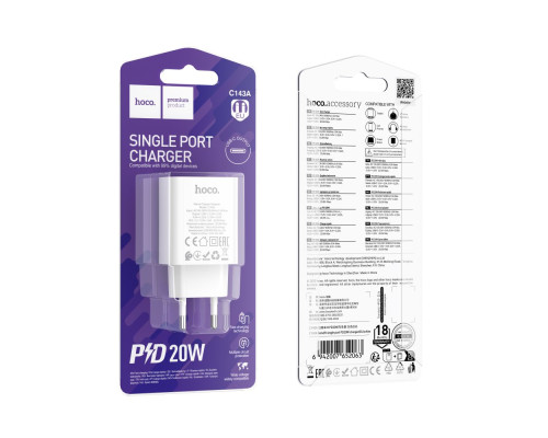 Мережевий Зарядний Пристрій Hoco C143A 1USB-C PD/QC 20W Колір Бiлий 6942007652063 ma37695_3663835