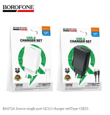 Мережевий Зарядний Пристрій Borofone BAS72A 1USB QC3.0 18W+USB to Type-C Колір Білий 6941991122682 ma38210_3667885