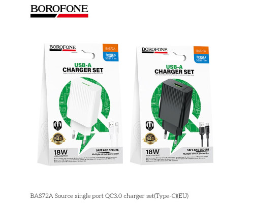 Мережевий Зарядний Пристрій Borofone BAS72A 1USB QC3.0 18W+USB to Type-C Колір Білий 6941991122682 ma38210_3667885