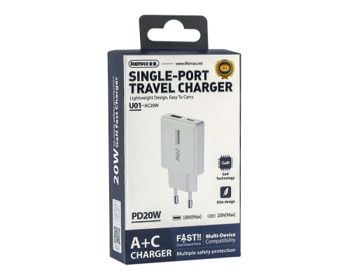 Мережевий Зарядний Пристрій Remax RP-U01-AC 20W Gan Колір Бiлий 6954851239130 ma37762_3664725