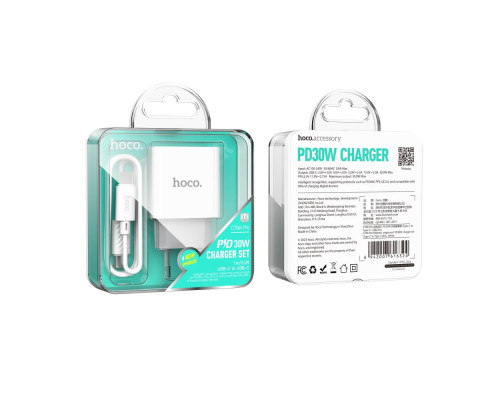 Мережевий Зарядний Пристрій Hoco C76A Pro 1USB-C PD/QC 30W+Type-C to Type-C М'ята упаковка Колір Бiлий 2020000495420 ma38907_3868879
