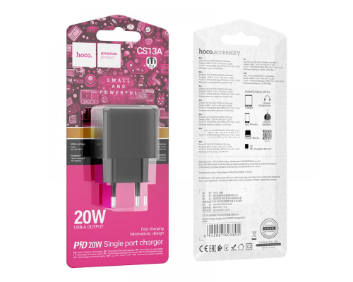 Зарядний пристрій Hoco CS13A 20W 3A 1USB-С black PLS-00-00123273