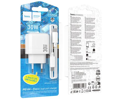 Зарядний пристрій Hoco CS55A 30W 3A USB-A+USB-C з кабелем Type-C to Type-C white PLS-00-00145468