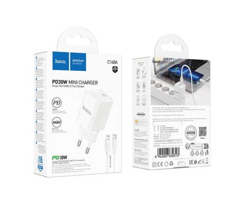 Зарядний пристрій Hoco C148A 30W 3A USB-C з кабелем Lightning white PLS-00-00145455