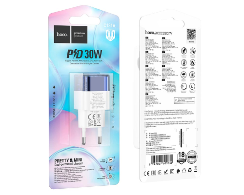 Зарядний пристрій Hoco C131A 30W 3A USB-A+USB-C transparent blue PLS-00-00141793
