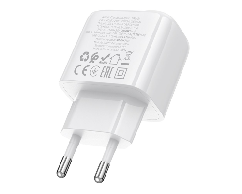 Зарядний пристрій Borofone BAS45A PD30W+QC3.0 USB-A+USB-C white PLS-00-00137989