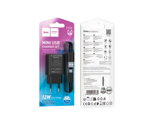 Зарядний пристрій Hoco C134A 12W 2.4A USB-A з кабелем Micro USB black PLS-00-00139613