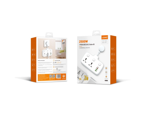 Мережевий фільтр LDNIO SC2413 2 EU ports (1PD.3USB) auto ID white PLS-00-00123686
