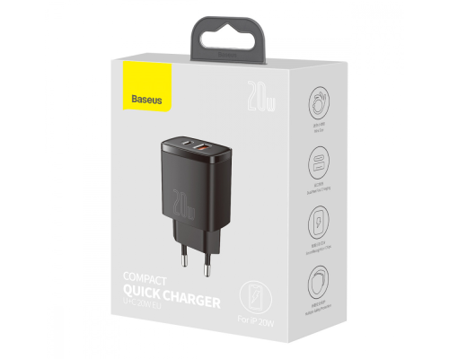 Зарядний пристрій Baseus Compact 20W 3A 1USB-A+1USB-C white PLS-00-00079875