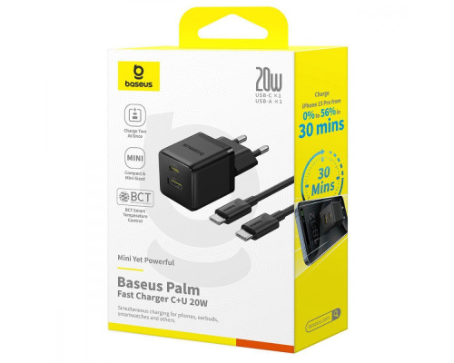 МЗП Baseus Palm Fast Charger Type-C+USB 20W (With Cable Type-C to Type-C 60W 1m) black 2003000211047 6932172677381