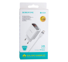 Мережевий Зарядний Пристрій Borofone BA58A Digital Display Lightning 2USB 2.4A Колір Бiлий 6931474749130