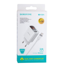 Мережевий Зарядний Пристрій Borofone BA58A Digital Display Lightning 2USB 2.4A Колір Бiлий 6931474749130