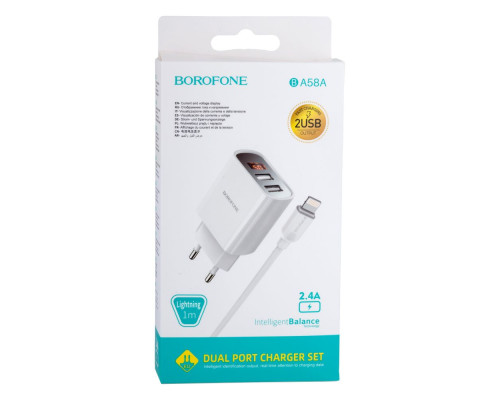 Мережевий Зарядний Пристрій Borofone BA58A Digital Display Lightning 2USB 2.4A Колір Бiлий 6931474749130