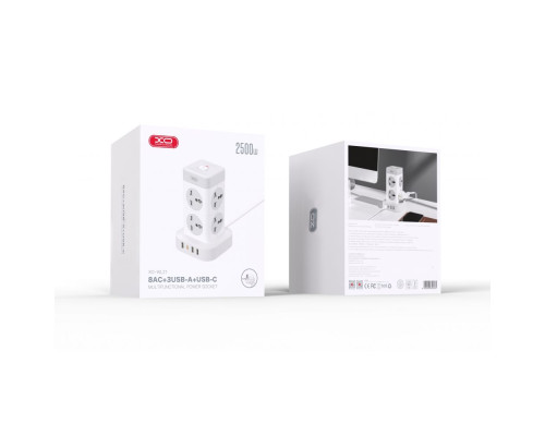 Мережевий Подовжувач XO WL21 Tower Shaped 8AC socket+3USB-A+1USB-C 2m М'ят.упак. Колір Бiлий