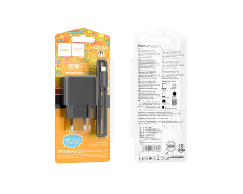 Мережевий Зарядний Пристрій Hoco CS14A 1USB-C/1USB PD/QC 20W+Type-C to Lightning Колір Чорний 6942007603904