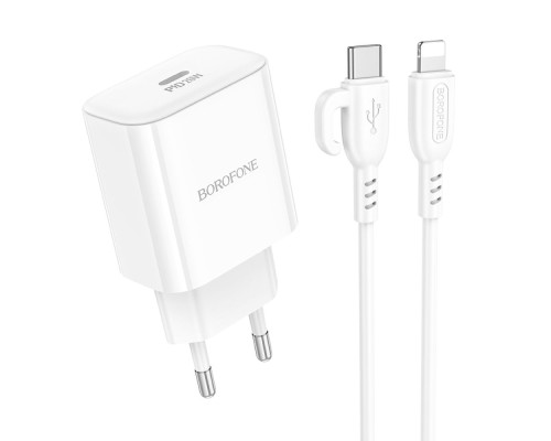 Мережевий Зарядний Пристрій Borofone BA81A 1USB-C PD/QC 20W+Type-C to Lightning Колір Бiлий 6941991108198