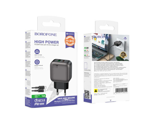 Мережевий Зарядний Пристрій Borofone BAS55A 1USB-C/1USB PD/QC 30W GAN+Type-C to Type-C Колір Чорний 6941991116254