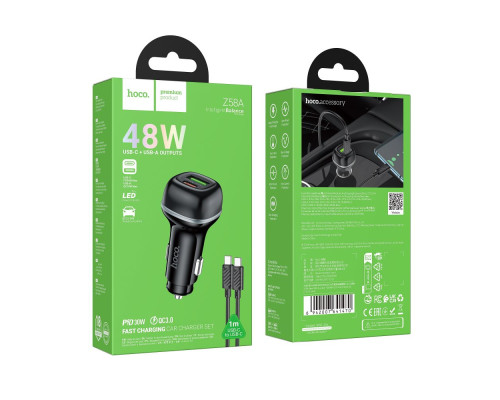 Автомобільний Зарядний Пристрій Hoco Z58A 1USB/1USB-C QC/PD48W+Type-C to Type-C Колір Чорний 6942007641470 ma36161_3606814