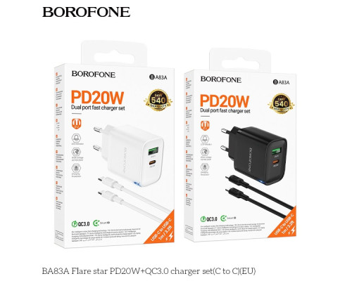 Мережевий Зарядний Пристрій Borofone BA83A 1USB-C/1USB PD/QC 20W+Type-C to Type-C Колір Бiлий 6941991117381 ma36176_3606869