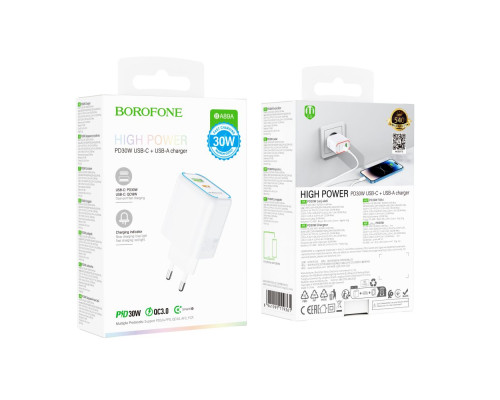 Мережевий Зарядний Пристрій Borofone BA89A 1USB-C/1USB PD/QC 30W Колір Бiлий 6941991119361 ma36876_3609462