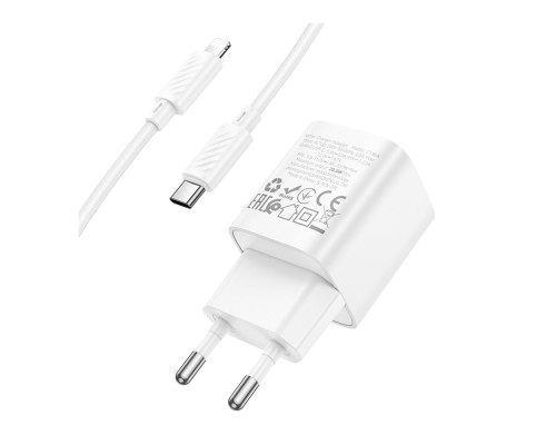 Мережевий Зарядний Пристрій Hoco C146A 1USB-C PD/QC 20W+Type-C to Lightning Колір Бiлий 6942007630252 ma35278_3345664