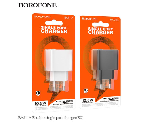 Мережевий Зарядний Пристрій Borofone BAS11A 1USB 2.1A Колір Білий 6941991104602 ma37482_3612138