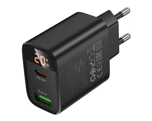 Мережевий Зарядний Пристрій Borofone BA96A 1USB-C/1USB PD/QC 20W Led Display Колір Чорний 6941991120459 ma37246_3611063