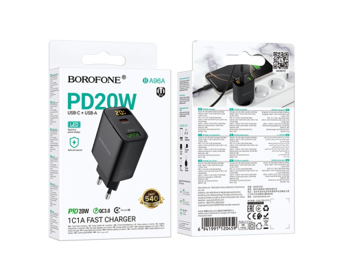Мережевий Зарядний Пристрій Borofone BA96A 1USB-C/1USB PD/QC 20W Led Display Колір Чорний 6941991120459 ma37246_3611063