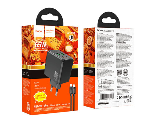 Мережевий Зарядний Пристрій Hoco CS19A 2USB-C/2USB PD/QC 65W+Type-C to Type-C Колір Чорний 6942007645645 ma36897_3609483