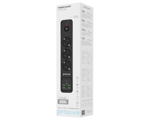 Мережевий фільтр Proove Power Socket P-03 (3 розетки+4 USB+2 Type-C) 2м black PLS-00-00112615