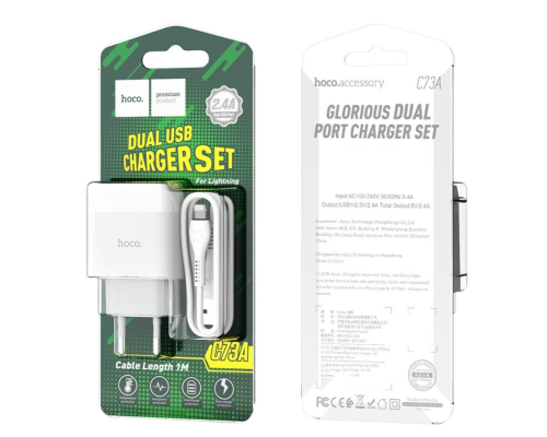 Зарядний пристрій Hoco C73A 12W 2.4A 2USB-A з кабелем Lightning white PLS-00-00100813