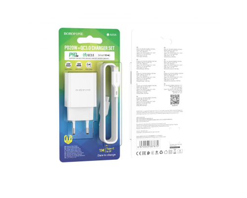 Зарядний пристрій Borofone BA69A 20W 3A 1USB-A+1USB-C з кабелем C-L white PLS-00-00121081