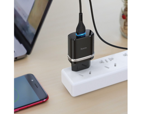 Зарядний пристрій Hoco C12Q 18W 3A 1USB-A з кабелем Micro USB black PLS-00-00115674