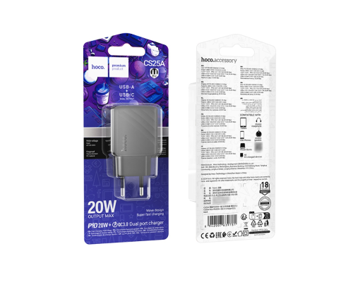 Зарядний пристрій Hoco CS25A 20W 3A 1USB-A+1USB-С black PLS-00-00138105