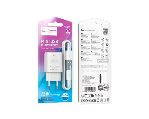 Зарядний пристрій Hoco C134A 12W 2.4A USB-A з кабелем Micro USB white PLS-00-00139614