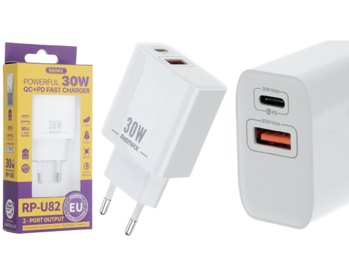 Зарядний пристрій Remax RP-U82 30W 3A 1USB-A+1USB-C white PLS-00-00090590