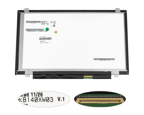 Матриця 14.0" B140XW03 V.1 (1366*768, 40pin, LED, SLIM (вертикальні вушка), глянець, роз'єм праворуч внизу) для ноутбука (renew) NBB-134122